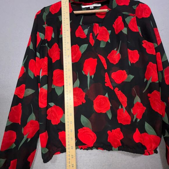 Guess Red Rose Floral Print Maximalist Blouse XS Black Dark Statement Gothic - Picture 5 of 6